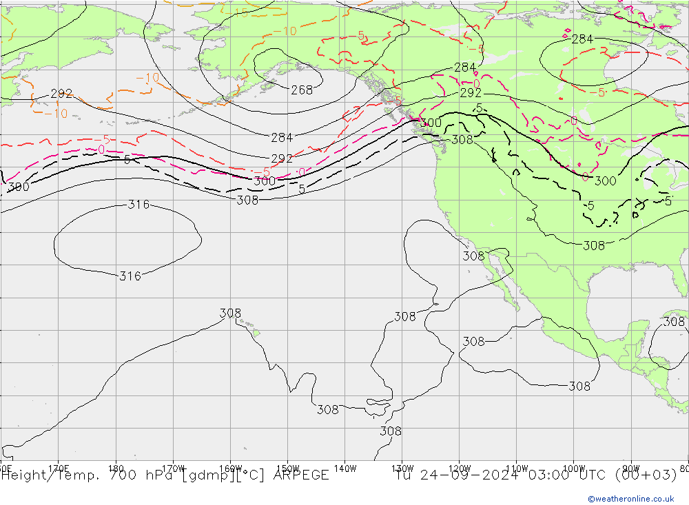 Height/Temp. 700 hPa ARPEGE mar 24.09.2024 03 UTC