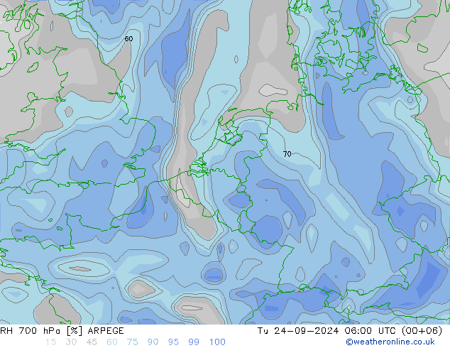 RH 700 hPa ARPEGE Di 24.09.2024 06 UTC