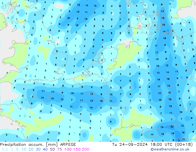 Precipitation accum. ARPEGE Út 24.09.2024 18 UTC