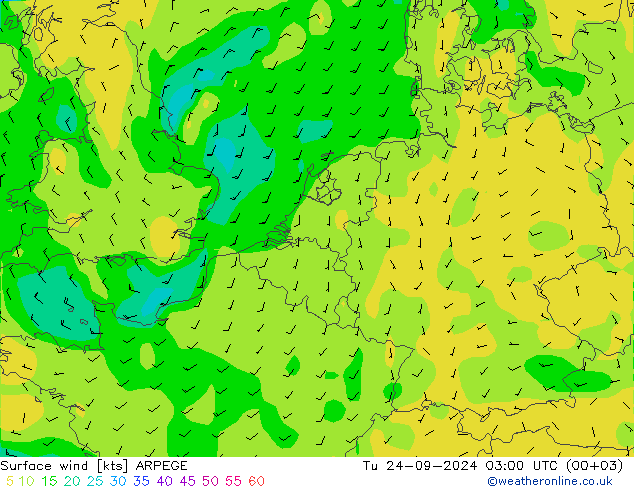 Surface wind ARPEGE Tu 24.09.2024 03 UTC