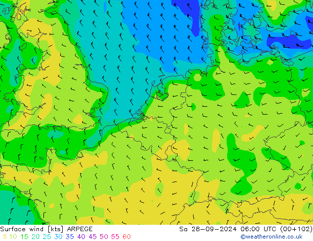 Surface wind ARPEGE So 28.09.2024 06 UTC