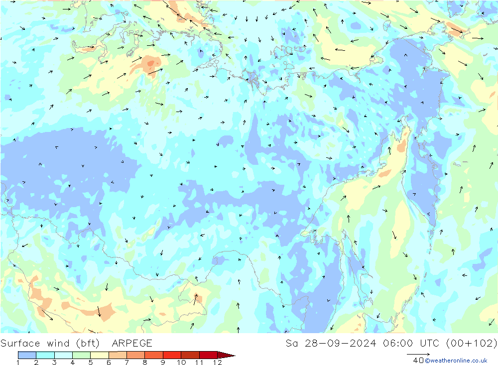 Viento 10 m (bft) ARPEGE sáb 28.09.2024 06 UTC