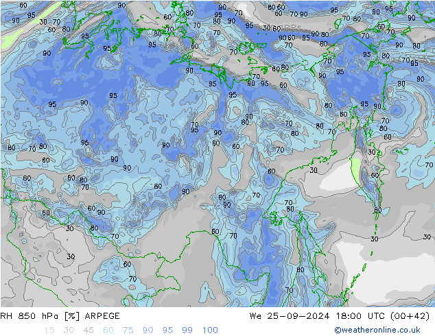 RH 850 hPa ARPEGE Qua 25.09.2024 18 UTC