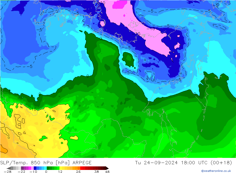 SLP/Temp. 850 hPa ARPEGE Út 24.09.2024 18 UTC