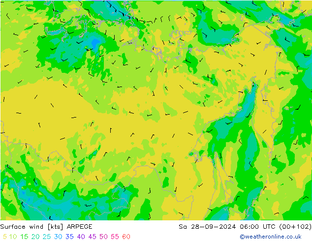 wiatr 10 m ARPEGE so. 28.09.2024 06 UTC