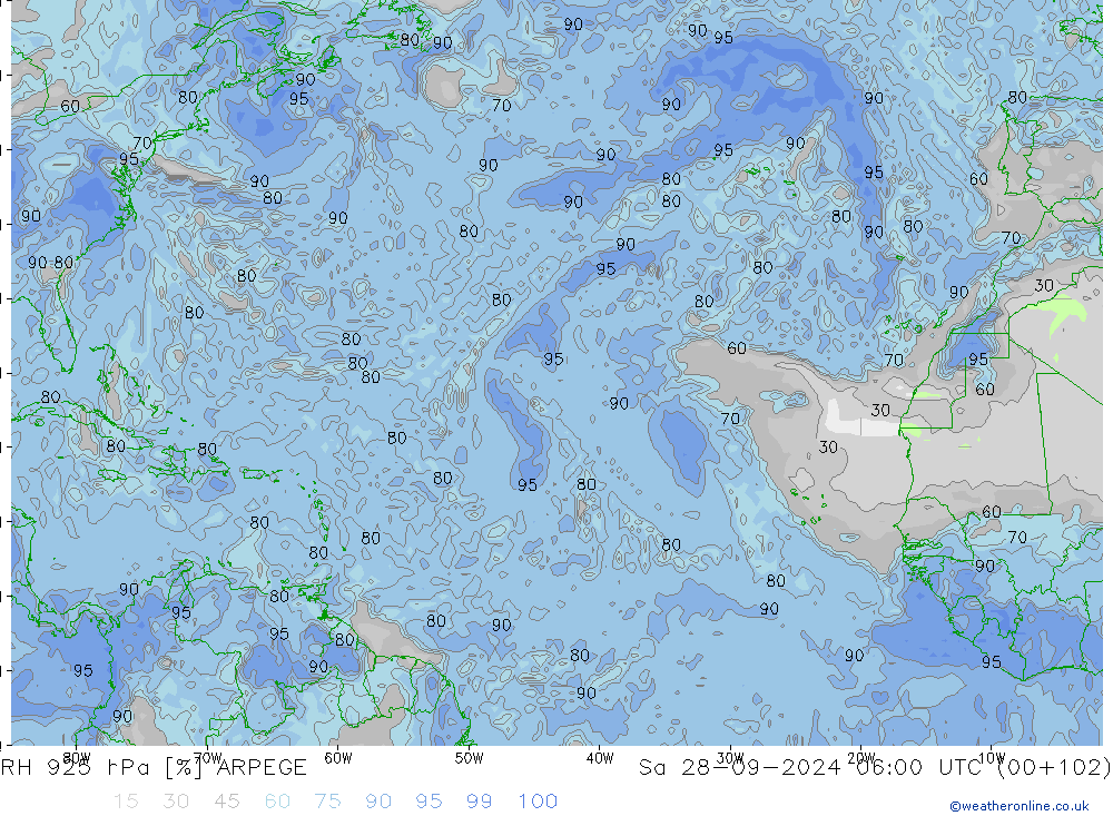 RH 925 hPa ARPEGE Sáb 28.09.2024 06 UTC