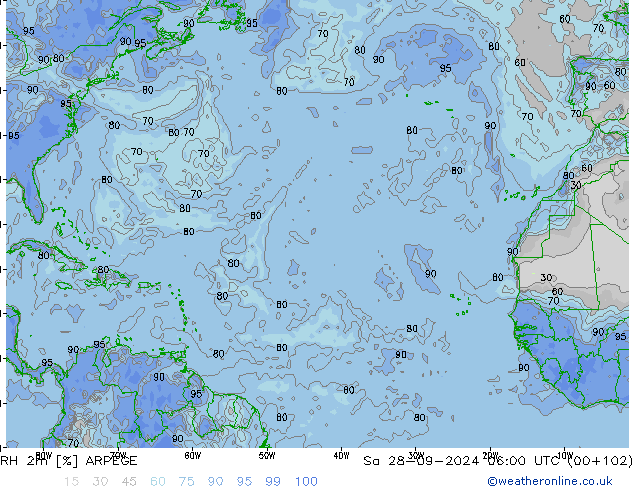 Humidité rel. 2m ARPEGE sam 28.09.2024 06 UTC