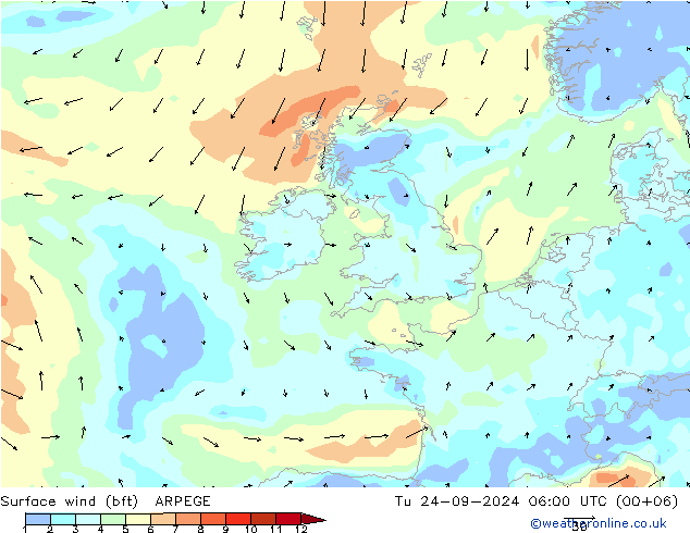 Surface wind (bft) ARPEGE Tu 24.09.2024 06 UTC