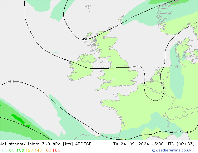 Jet stream/Height 300 hPa ARPEGE Tu 24.09.2024 03 UTC