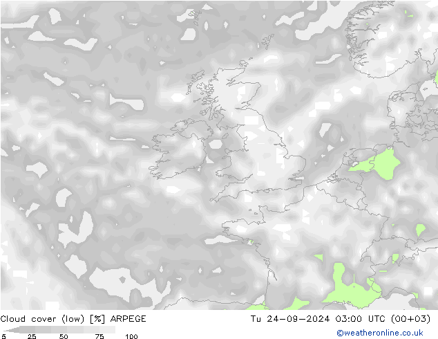 Cloud cover (low) ARPEGE Tu 24.09.2024 03 UTC