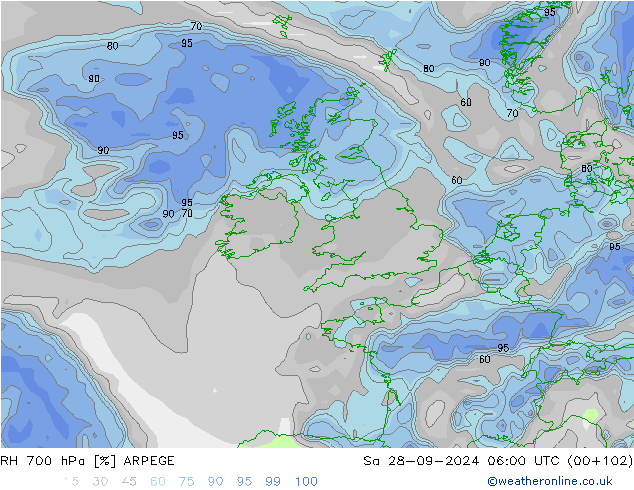 RH 700 hPa ARPEGE Sáb 28.09.2024 06 UTC