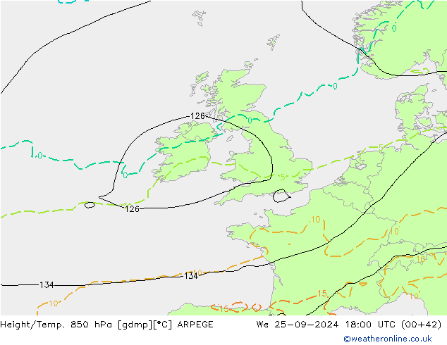 Géop./Temp. 850 hPa ARPEGE mer 25.09.2024 18 UTC