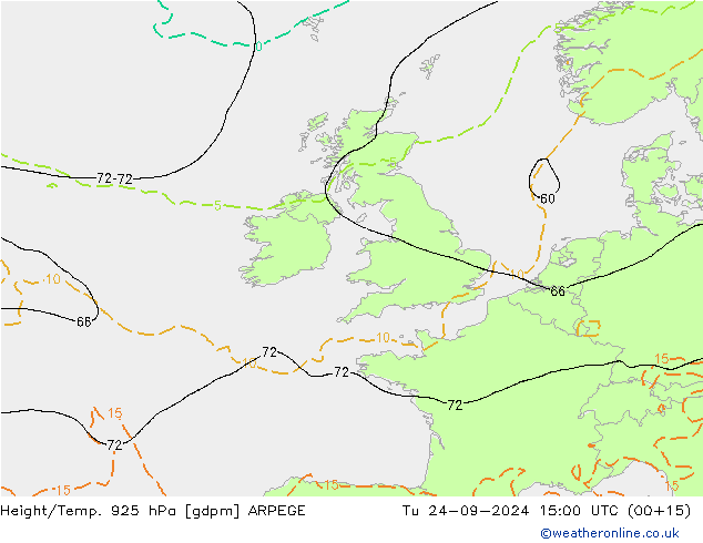 Géop./Temp. 925 hPa ARPEGE mar 24.09.2024 15 UTC