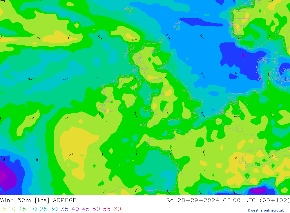 Vent 50 m ARPEGE sam 28.09.2024 06 UTC