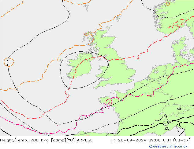 Geop./Temp. 700 hPa ARPEGE jue 26.09.2024 09 UTC