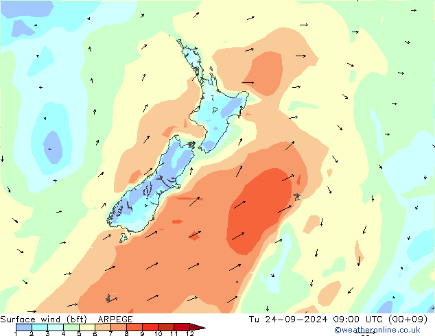 Surface wind (bft) ARPEGE Tu 24.09.2024 09 UTC