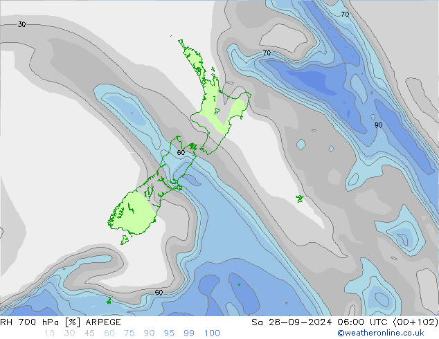 RH 700 hPa ARPEGE Sa 28.09.2024 06 UTC