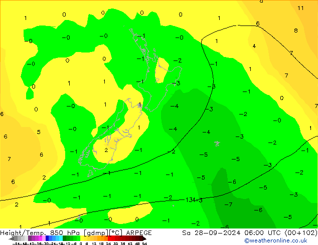 Geop./Temp. 850 hPa ARPEGE sáb 28.09.2024 06 UTC