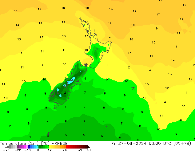 Temperature (2m) ARPEGE Fr 27.09.2024 06 UTC