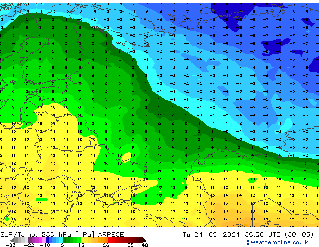 SLP/Temp. 850 hPa ARPEGE mar 24.09.2024 06 UTC