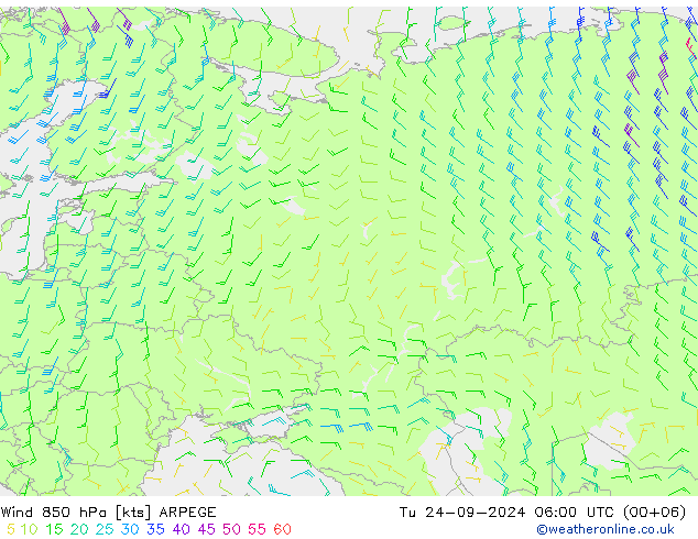 ветер 850 гПа ARPEGE вт 24.09.2024 06 UTC