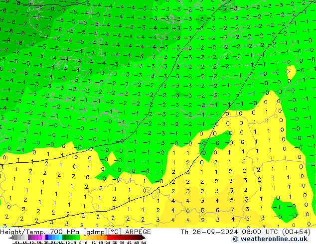 Height/Temp. 700 hPa ARPEGE  26.09.2024 06 UTC