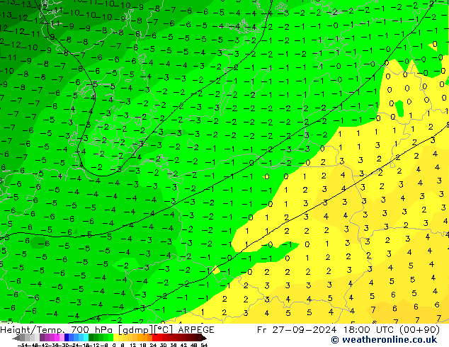 Géop./Temp. 700 hPa ARPEGE ven 27.09.2024 18 UTC