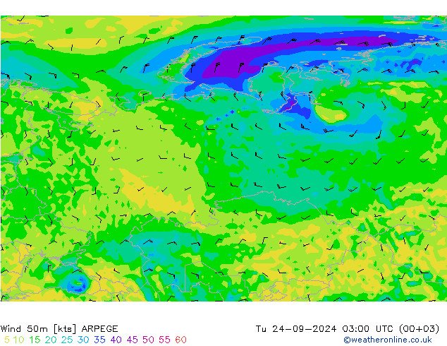 wiatr 50 m ARPEGE wto. 24.09.2024 03 UTC