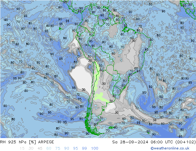 Humidité rel. 925 hPa ARPEGE sam 28.09.2024 06 UTC