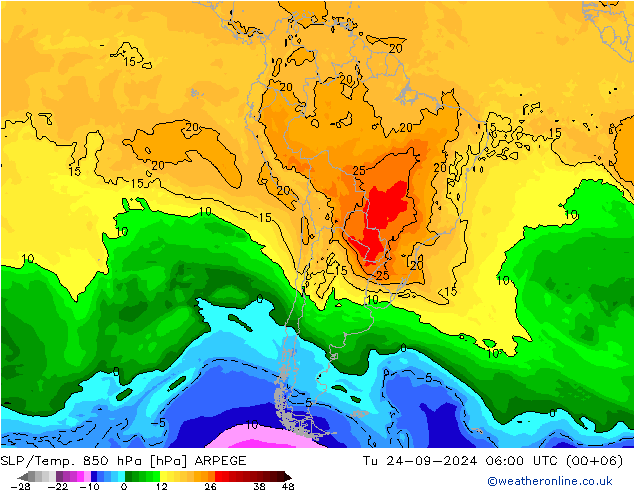 850 hPa Yer Bas./Sıc ARPEGE Sa 24.09.2024 06 UTC