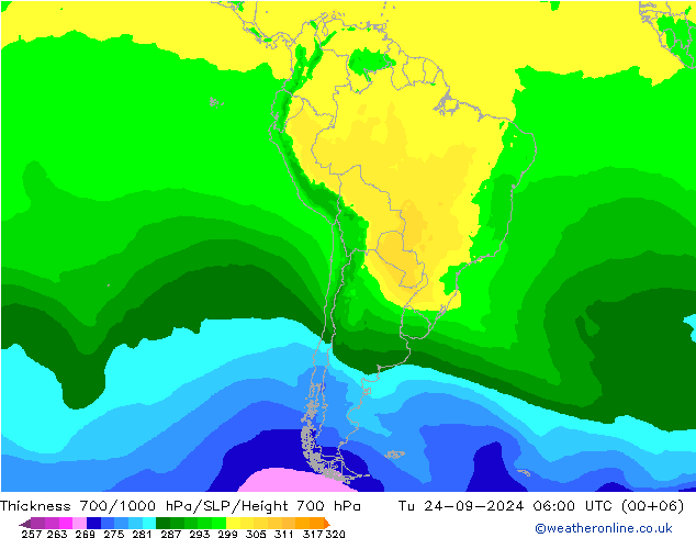 Thck 700-1000 hPa ARPEGE Tu 24.09.2024 06 UTC