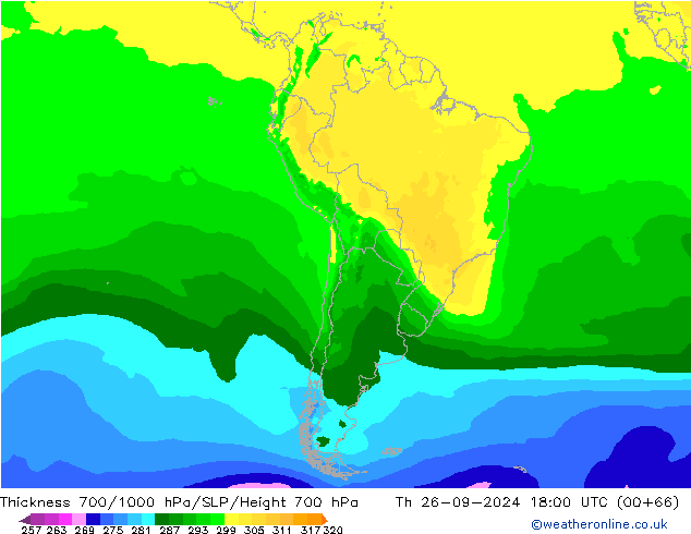 Thck 700-1000 hPa ARPEGE Th 26.09.2024 18 UTC