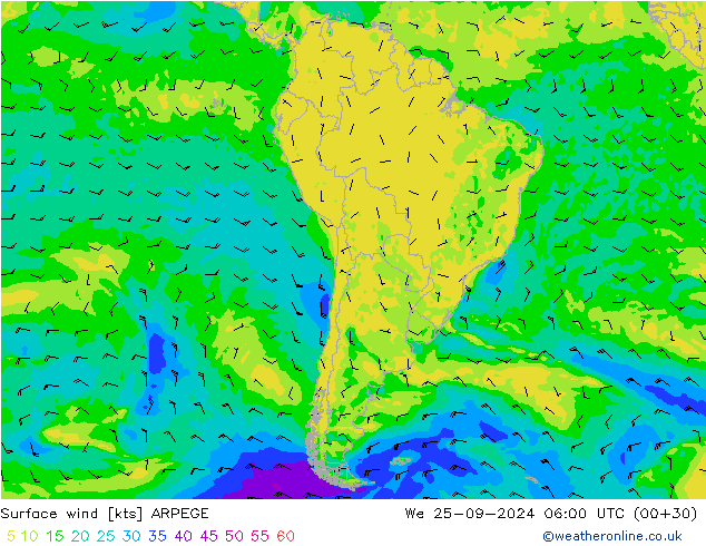 Surface wind ARPEGE We 25.09.2024 06 UTC