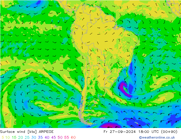 Vento 10 m ARPEGE ven 27.09.2024 18 UTC