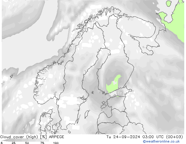 Cloud cover (high) ARPEGE Tu 24.09.2024 03 UTC