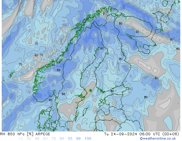 RH 850 hPa ARPEGE Út 24.09.2024 06 UTC