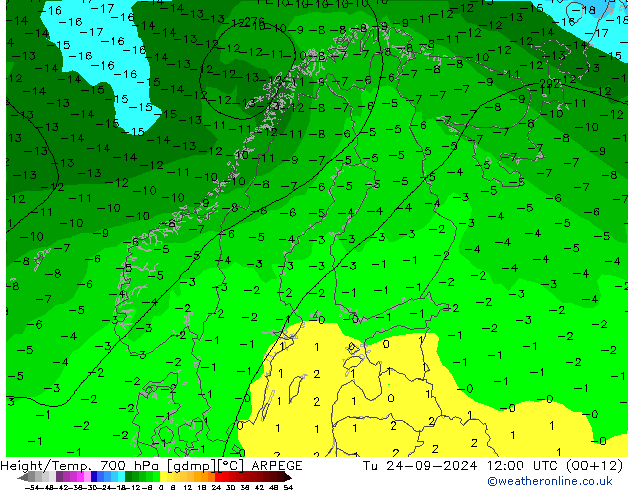 Height/Temp. 700 hPa ARPEGE wto. 24.09.2024 12 UTC