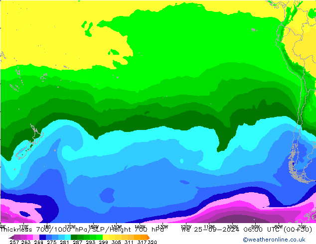 Thck 700-1000 hPa ARPEGE mer 25.09.2024 06 UTC