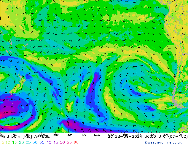 Vent 50 m ARPEGE sam 28.09.2024 06 UTC