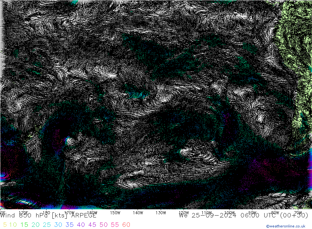 Wind 850 hPa ARPEGE We 25.09.2024 06 UTC