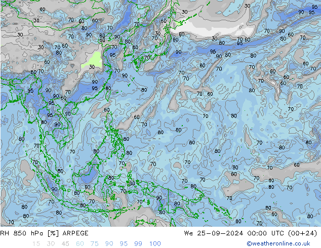 Humidité rel. 850 hPa ARPEGE mer 25.09.2024 00 UTC