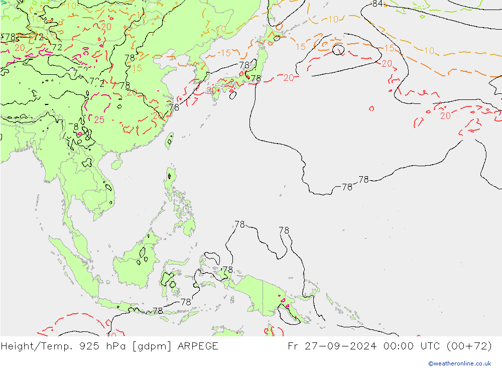 Height/Temp. 925 hPa ARPEGE Fr 27.09.2024 00 UTC