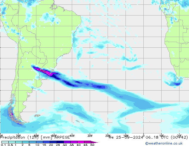 Totale neerslag (12h) ARPEGE wo 25.09.2024 18 UTC