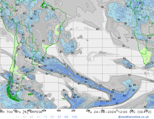 RH 700 hPa ARPEGE Ter 24.09.2024 12 UTC