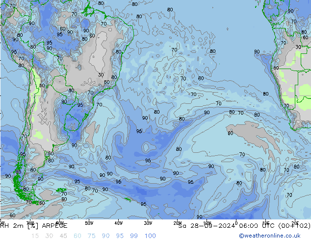 Humidité rel. 2m ARPEGE sam 28.09.2024 06 UTC