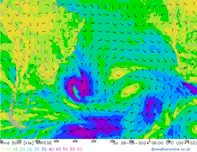 Wind 50m ARPEGE Sa 28.09.2024 06 UTC