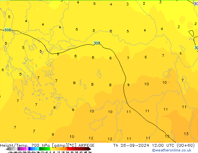 Geop./Temp. 700 hPa ARPEGE jue 26.09.2024 12 UTC