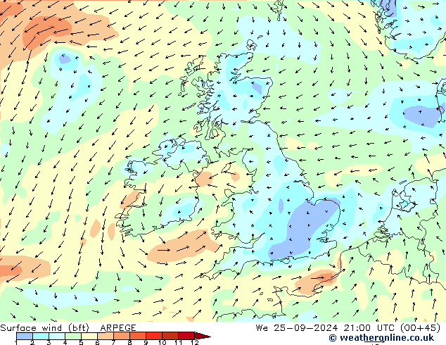  10 m (bft) ARPEGE  25.09.2024 21 UTC