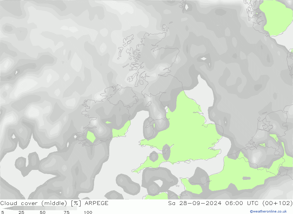 Cloud cover (middle) ARPEGE Sa 28.09.2024 06 UTC