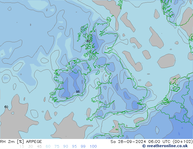 Humedad rel. 2m ARPEGE sáb 28.09.2024 06 UTC